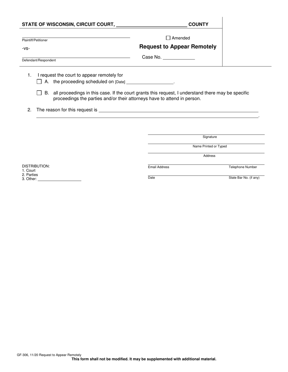 Form GF-306 Request to Appear Remotely - Wisconsin, Page 1
