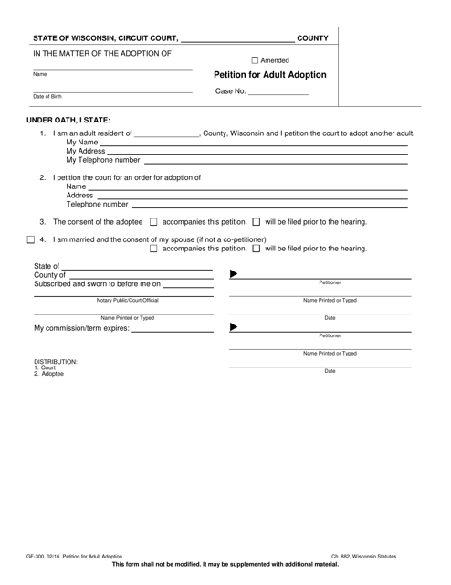 Form GF-300 Petition for Adult Adoption - Wisconsin