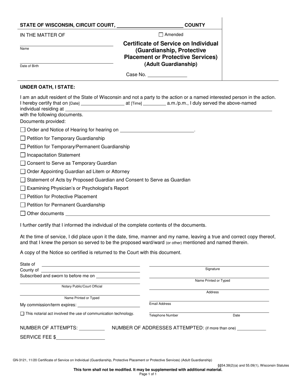 Form GN-3121 Certificate of Service on Individual (Guardianship, Protective Placement or Protective Services) (Adult Guardianship) - Wisconsin, Page 1