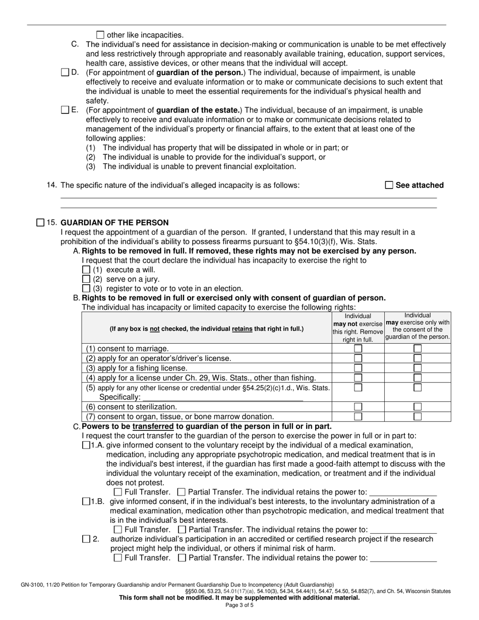 Form GN-3100 Petition for Temporary Guardianship and / or Permanent Guardianship Due to Incompetency (Adult Guardianship) - Wisconsin, Page 3