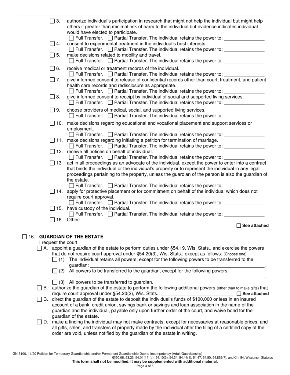 Form GN-3100 Petition for Temporary Guardianship and / or Permanent Guardianship Due to Incompetency (Adult Guardianship) - Wisconsin, Page 4