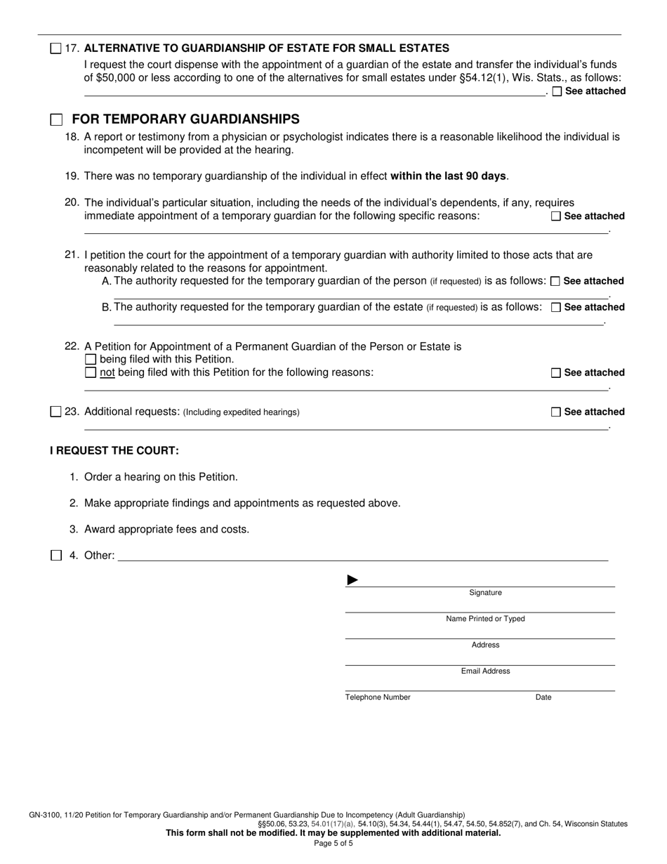 Form GN-3100 Petition for Temporary Guardianship and / or Permanent Guardianship Due to Incompetency (Adult Guardianship) - Wisconsin, Page 5