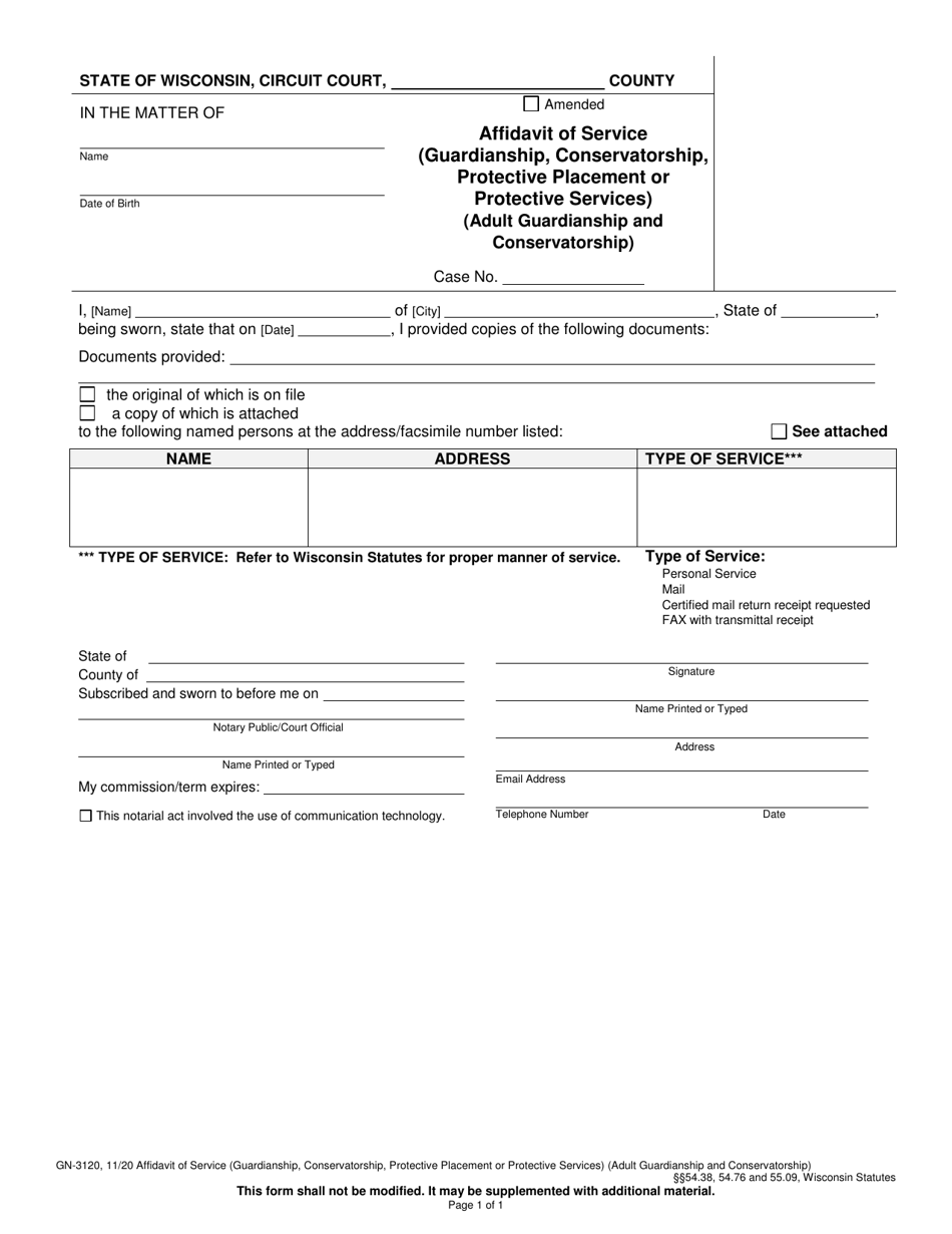 Form GN-3120 Affidavit of Service (Guardianship, Conservatorship, Protective Placement or Protective Services) (Adult Guardianship and Conservatorship) - Wisconsin, Page 1