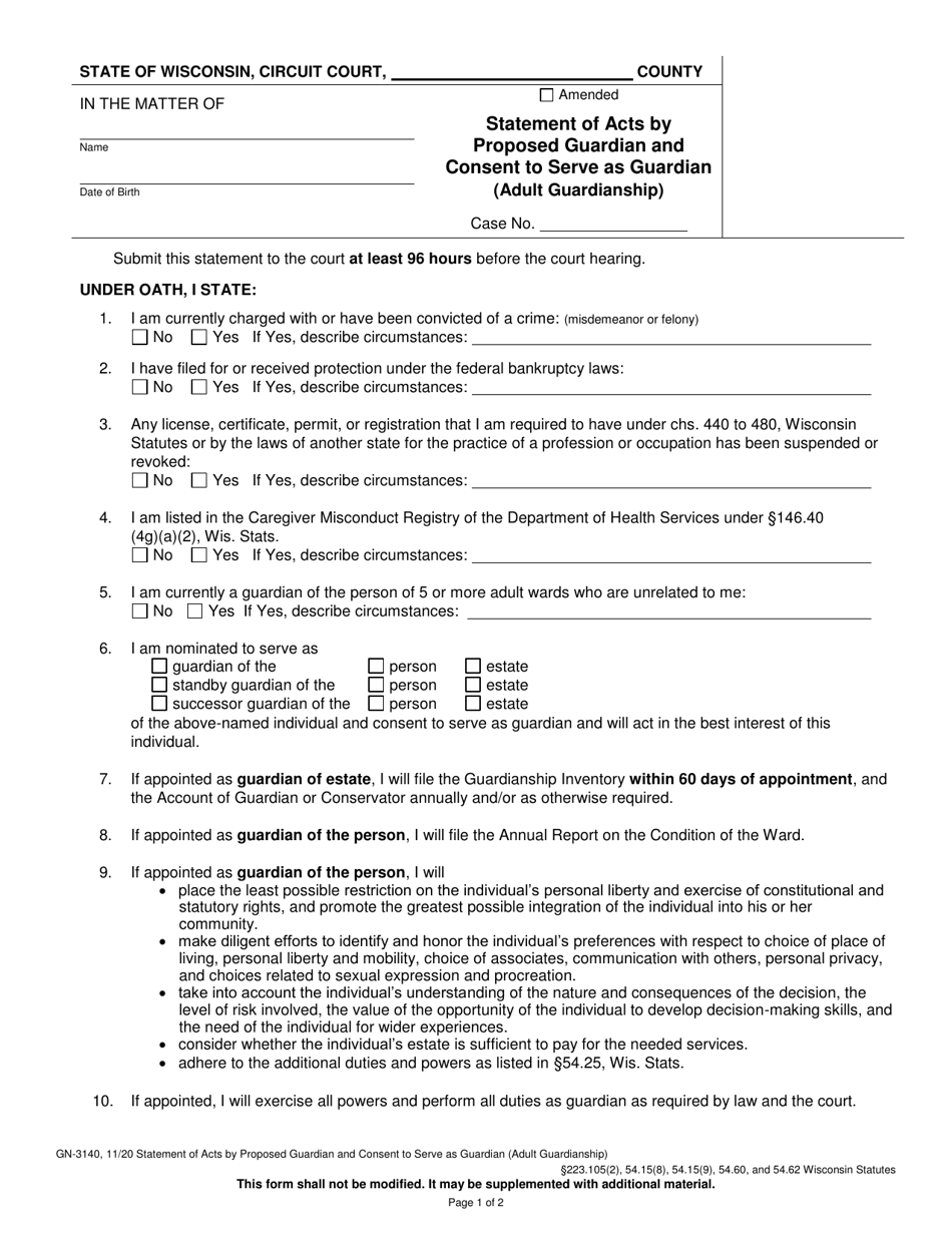 Form GN-3140 Statement of Acts by Proposed Guardian and Consent to Serve as Guardian (Adult Guardianship) - Wisconsin, Page 1