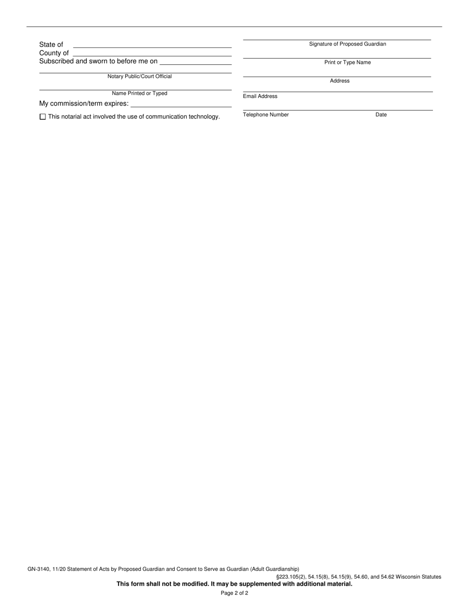 Form GN-3140 Statement of Acts by Proposed Guardian and Consent to Serve as Guardian (Adult Guardianship) - Wisconsin, Page 2