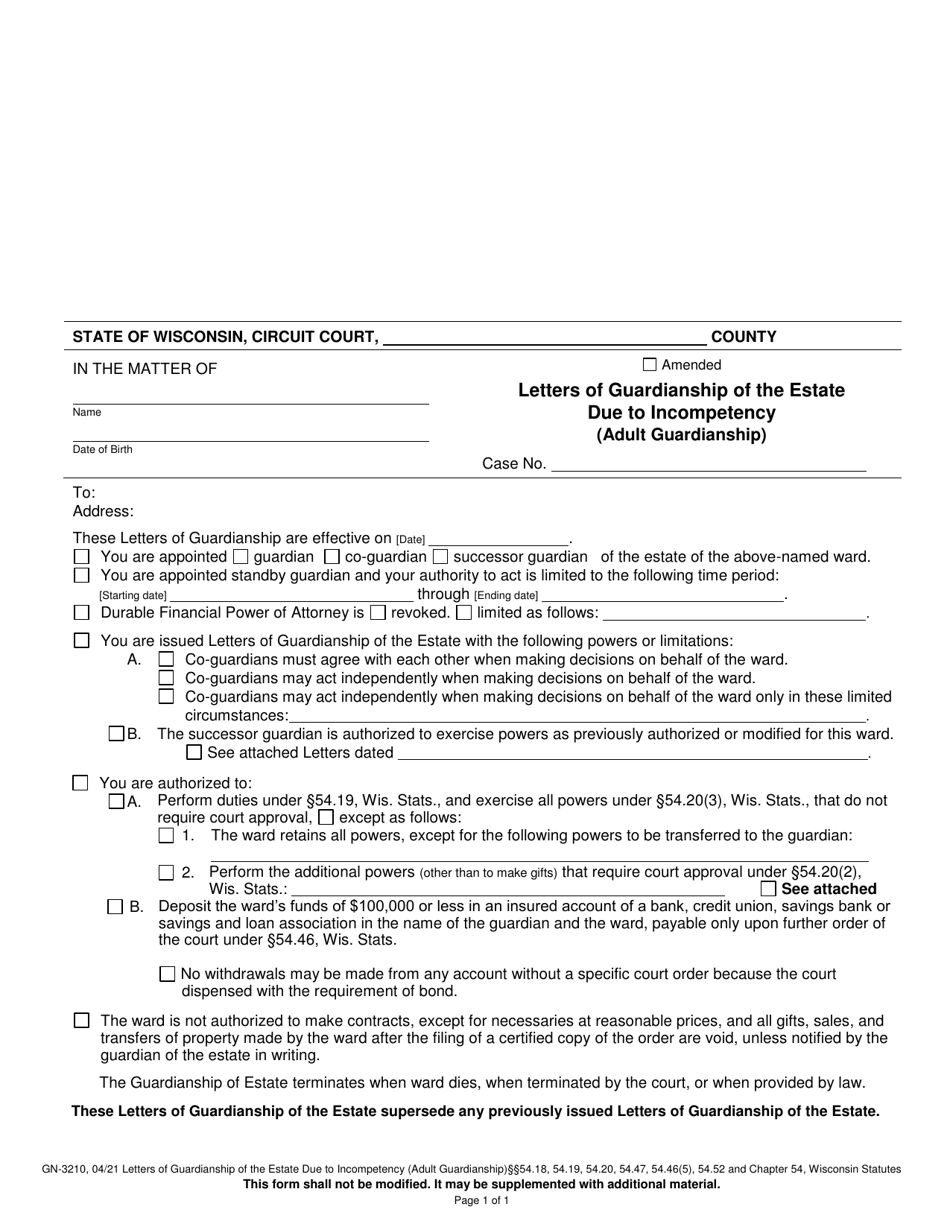 Form GN-3210 Letters of Guardianship of the Estate Due to Incompetency (Adult Guardianship) - Wisconsin, Page 1