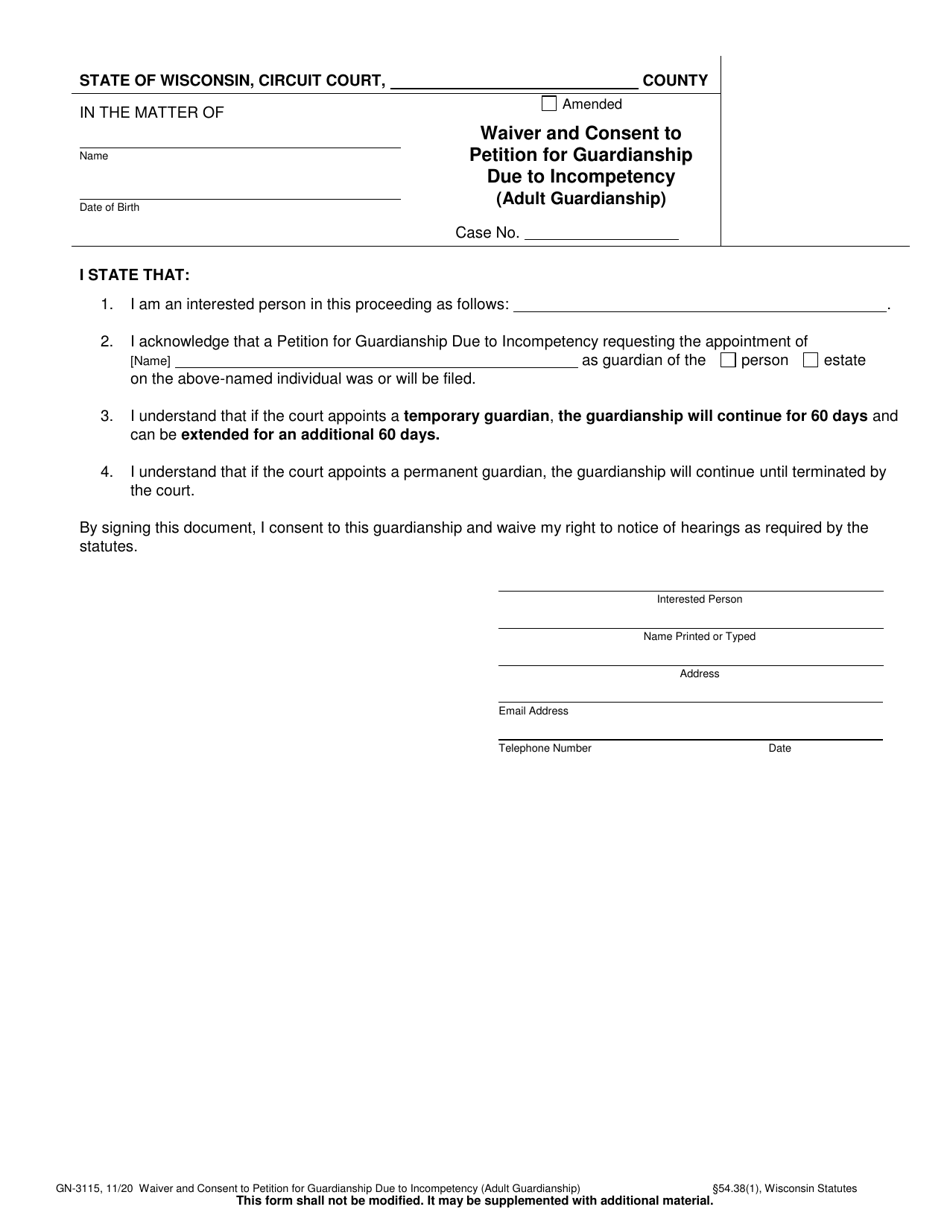 Form GN-3115 Waiver and Consent to Petition for Guardianship Due to Incompetency (Adult Guardianship) - Wisconsin, Page 1