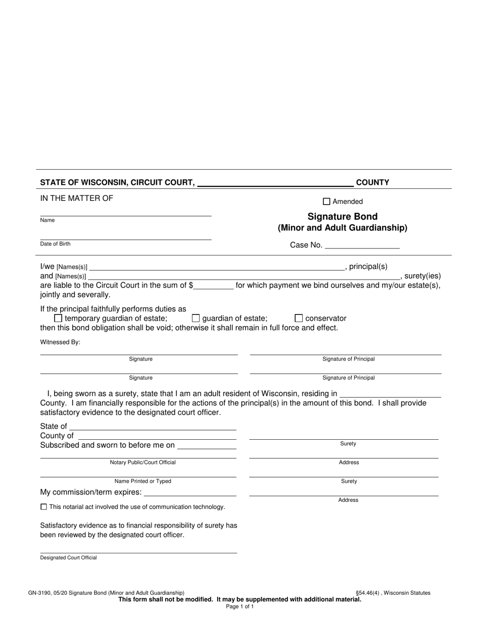 Form GN-3190 Signature Bond (Minor and Adult Guardianship) - Wisconsin, Page 1