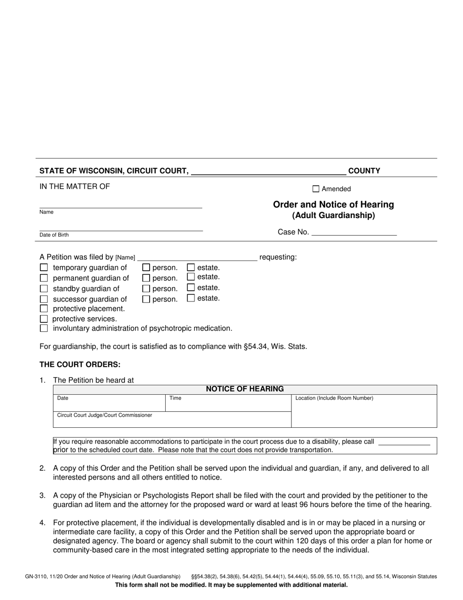 Form GN-3110 Order and Notice of Hearing (Adult Guardianship) - Wisconsin, Page 1