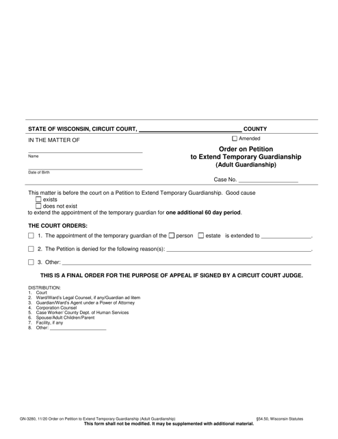 Form GN-3280 Order on Petition to Extend Temporary Guardianship (Adult Guardianship) - Wisconsin