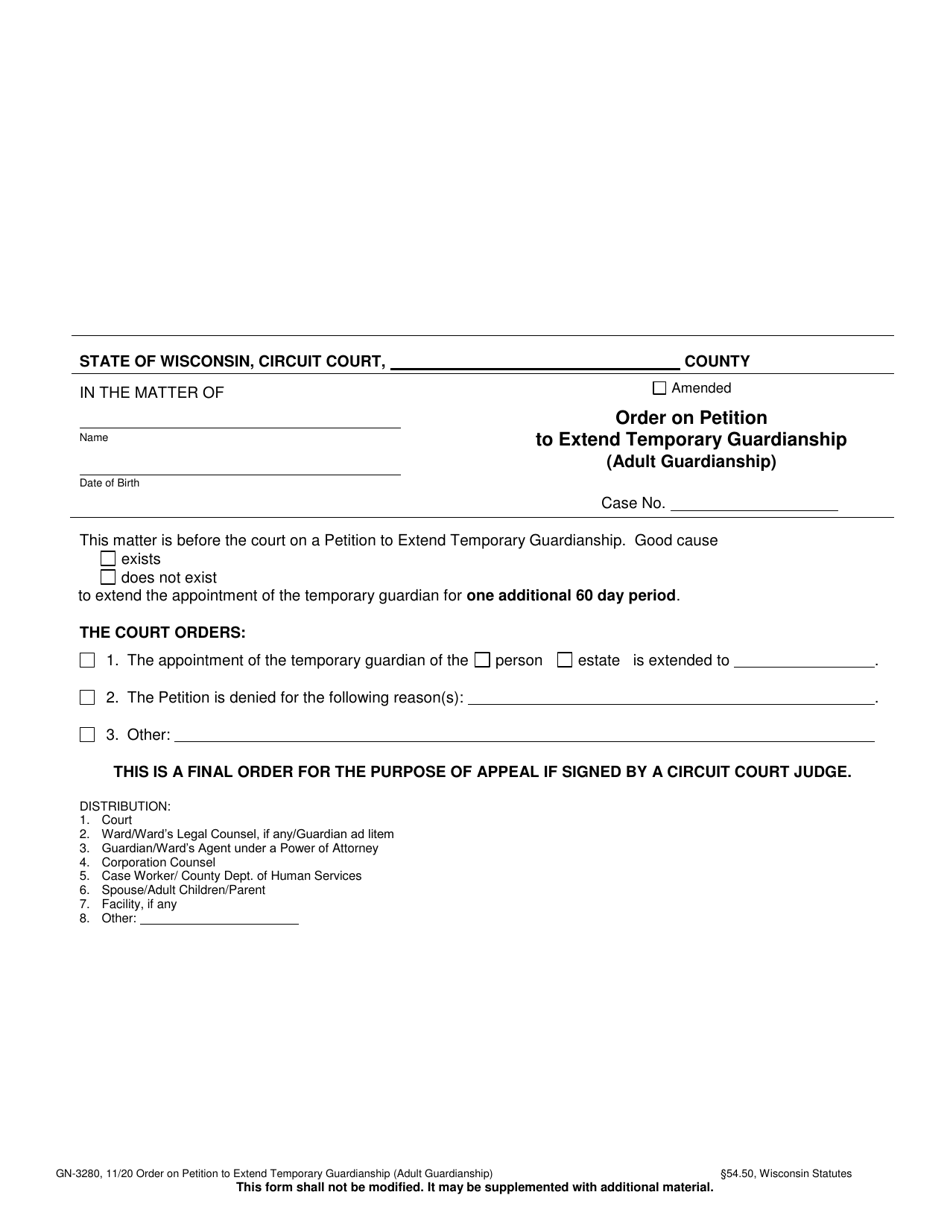 Form GN-3280 Order on Petition to Extend Temporary Guardianship (Adult Guardianship) - Wisconsin, Page 1
