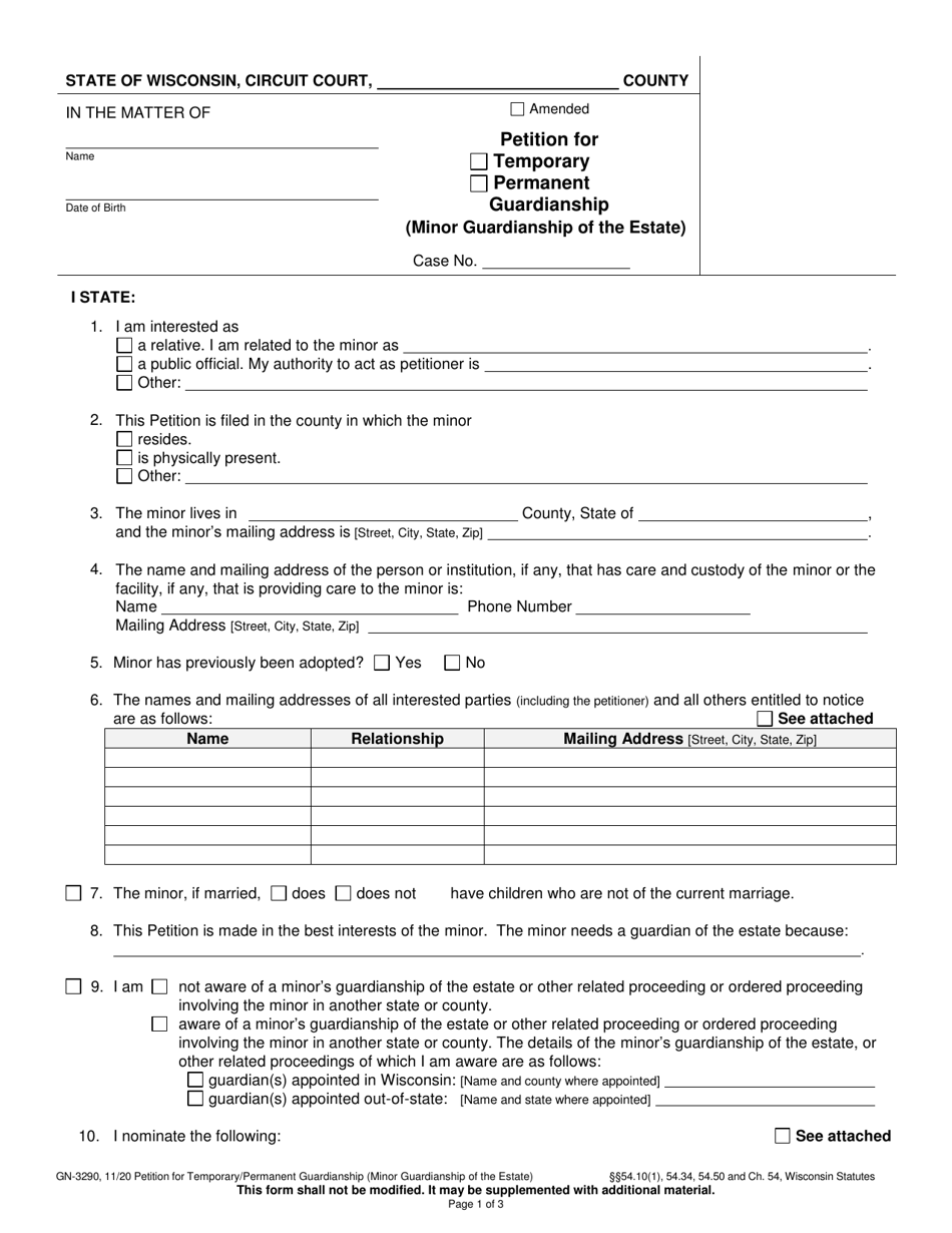 Form GN-3290 Petition for Temporary / Permanent Guardianship (Minor Guardianship of the Estate) - Wisconsin, Page 1