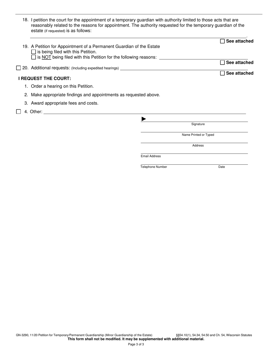 Form GN-3290 Petition for Temporary / Permanent Guardianship (Minor Guardianship of the Estate) - Wisconsin, Page 3
