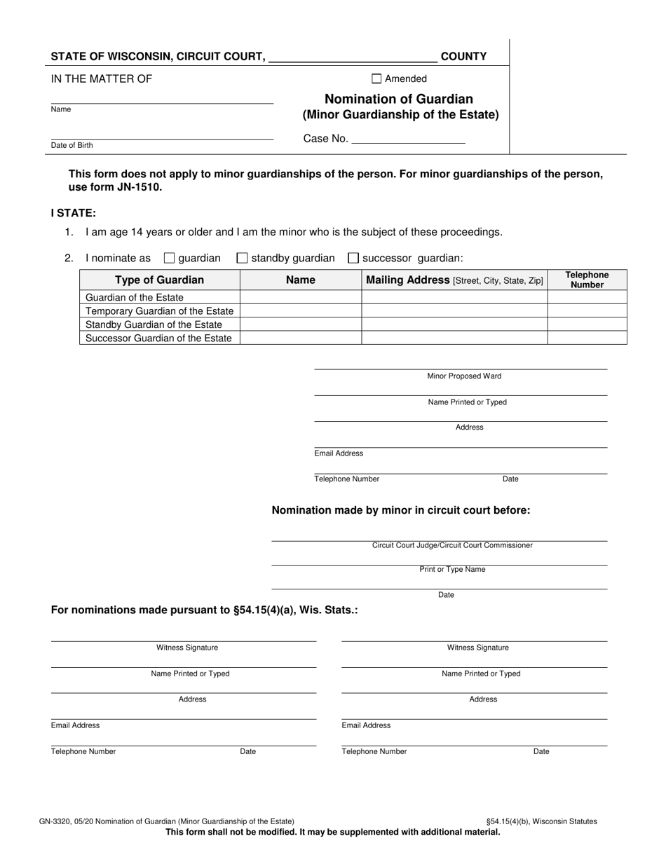Form GN-3320 Nomination of Guardian (Minor Guardianship of the Estate) - Wisconsin, Page 1