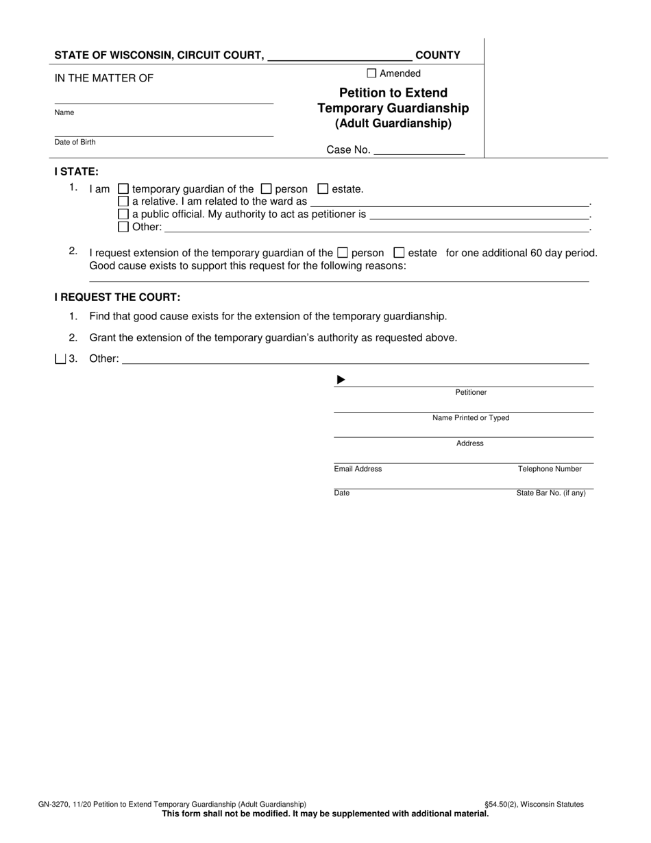 Form GN-3270 Petition to Extend Temporary Guardianship (Adult Guardianship) - Wisconsin, Page 1