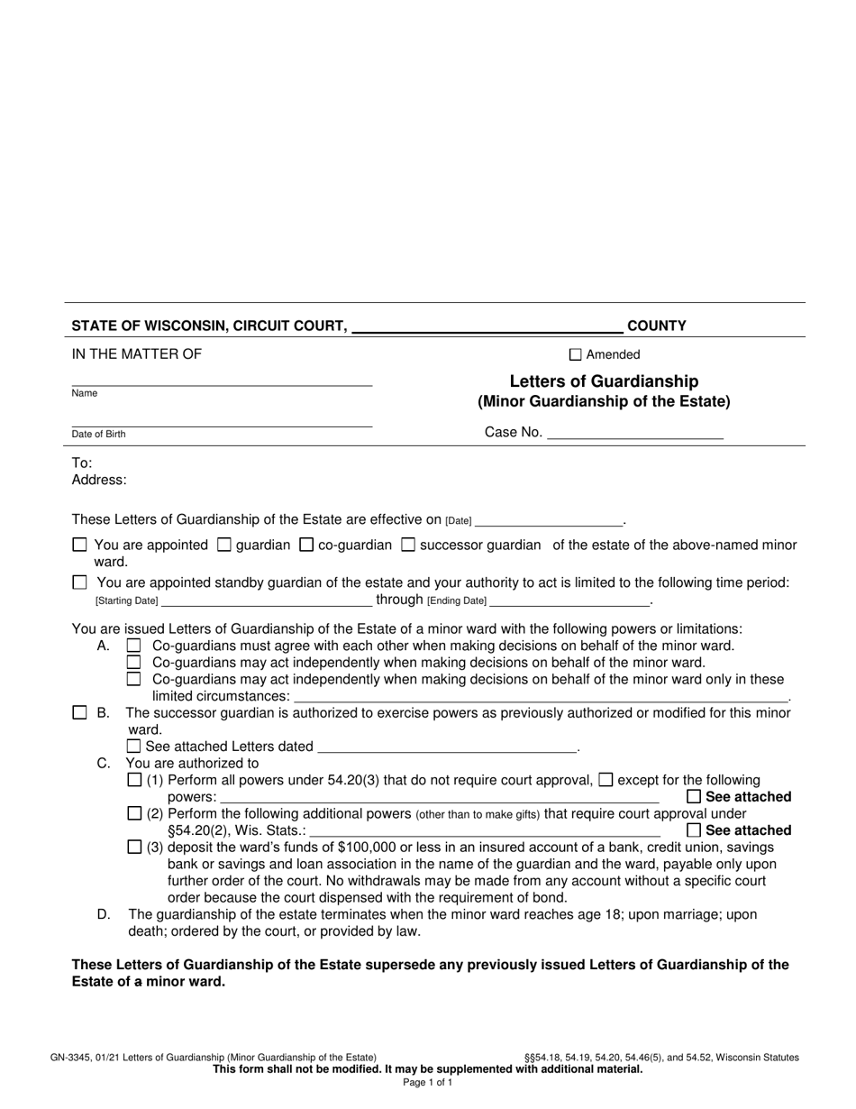 Form GN-3345 Letters of Guardianship (Minor Guardianship of the Estate) - Wisconsin, Page 1