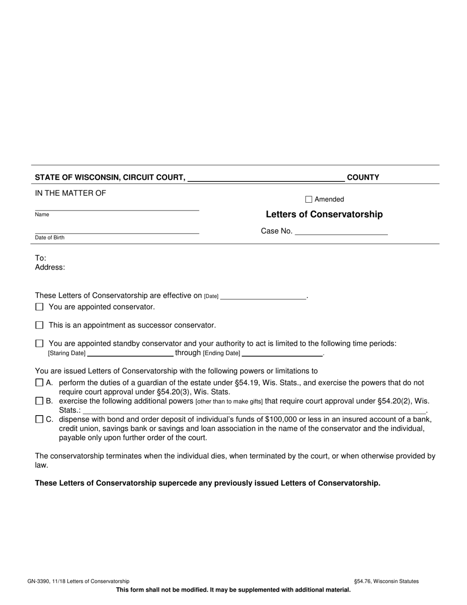 Form GN-3390 Letters of Conservatorship - Wisconsin, Page 1