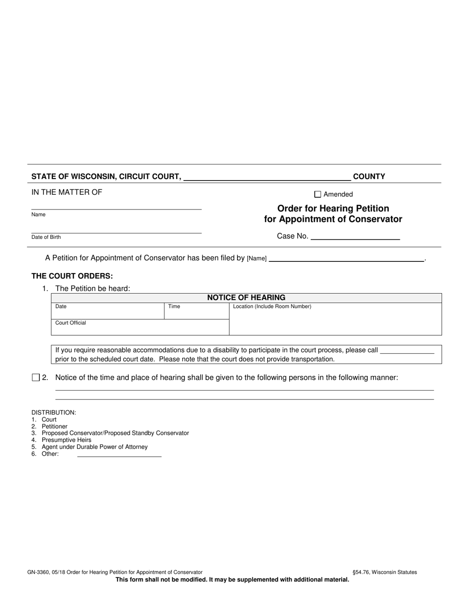 Form GN-3360 Order for Hearing Petition for Appointment of Conservator - Wisconsin, Page 1