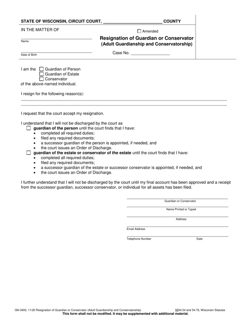 Form GN-3400 Resignation of Guardian or Conservator (Adult Guardianship and Conservatorship) - Wisconsin