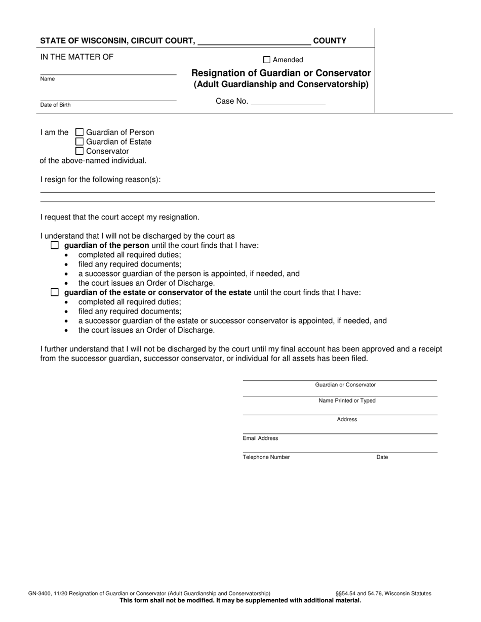 Form GN-3400 Resignation of Guardian or Conservator (Adult Guardianship and Conservatorship) - Wisconsin, Page 1