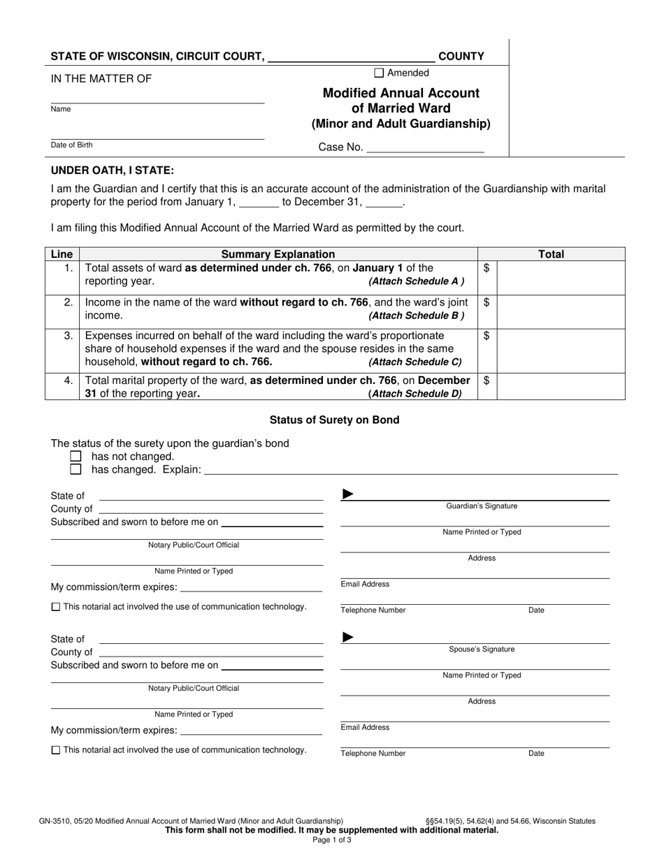 Form GN-3510 Modified Annual Account of Married Ward (Minor and Adult Guardianship) - Wisconsin, Page 1