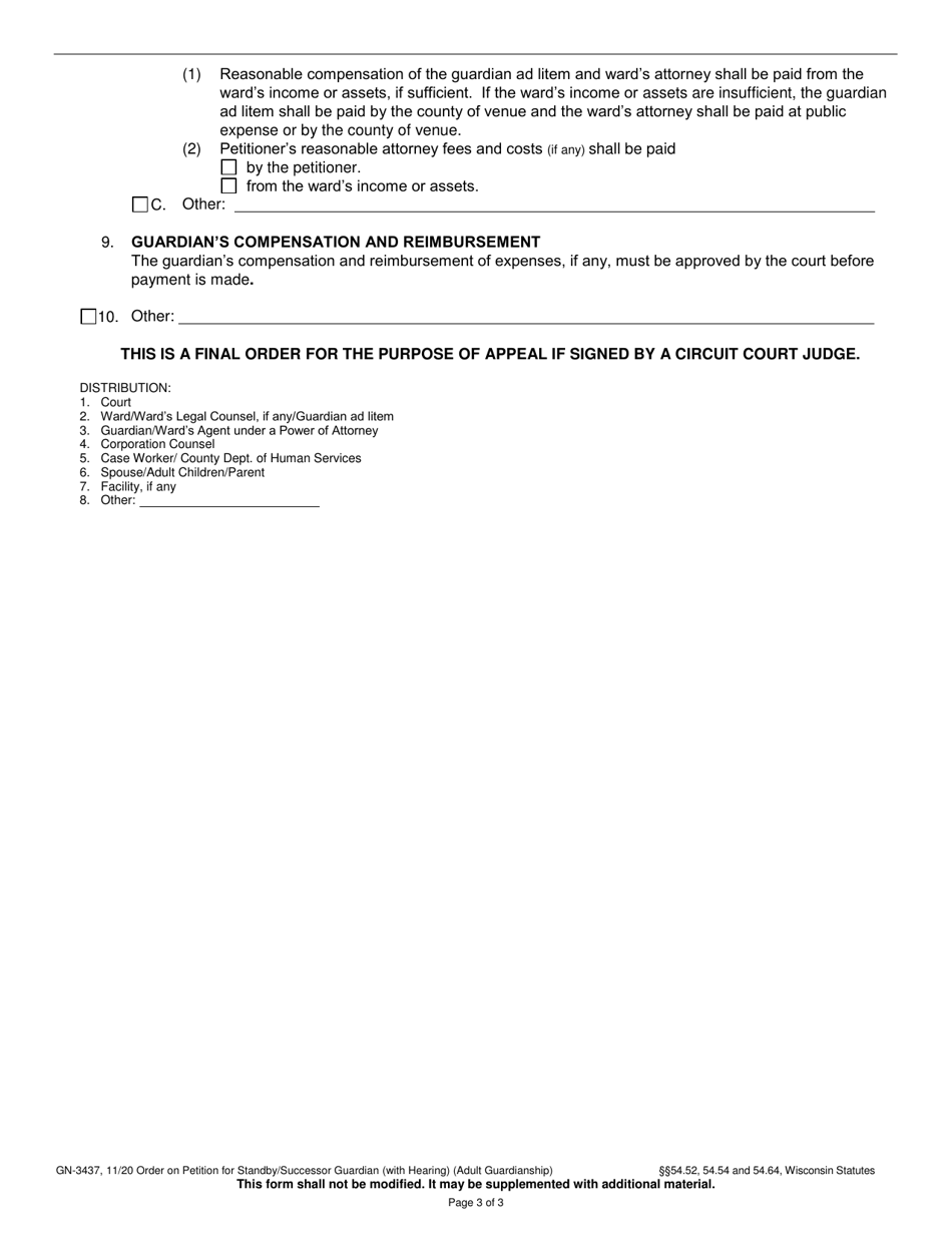 Form GN-3437 Order on Petition for Standby / Successor Guardian (With Hearing) (Adult Guardianship) - Wisconsin, Page 3