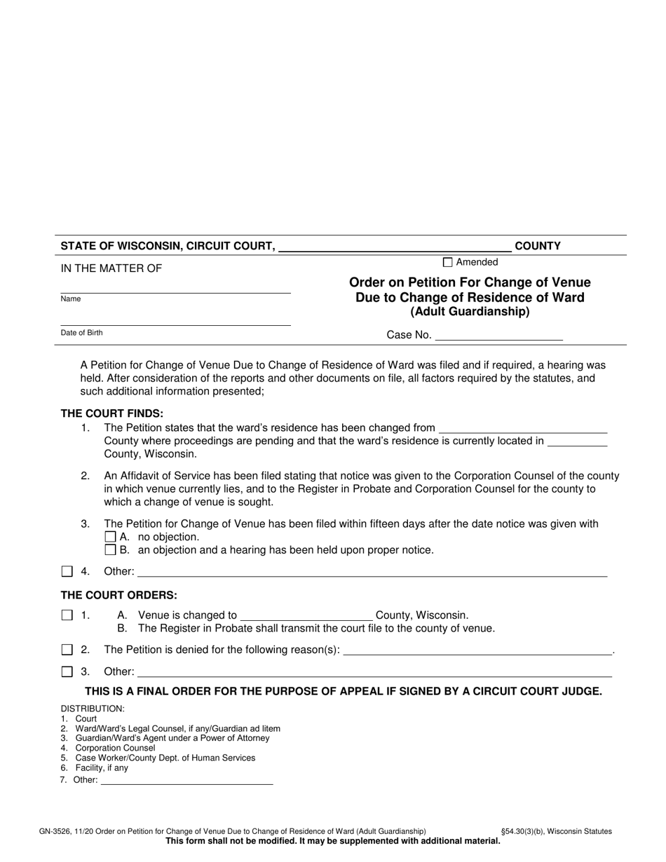 Form GN-3526 Order on Petition for Change of Venue Due to Change of Residence of Ward (Adult Guardianship) - Wisconsin, Page 1