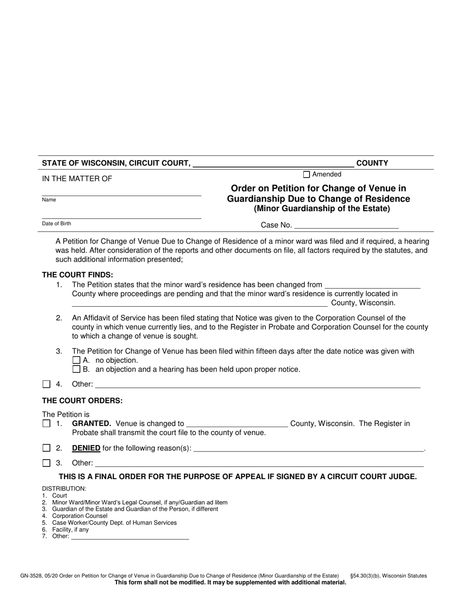 Form GN-3528 Order on Petition for Change of Venue in Guardianship Due to Change of Residence (Minor Guardianship of the Estate) - Wisconsin, Page 1