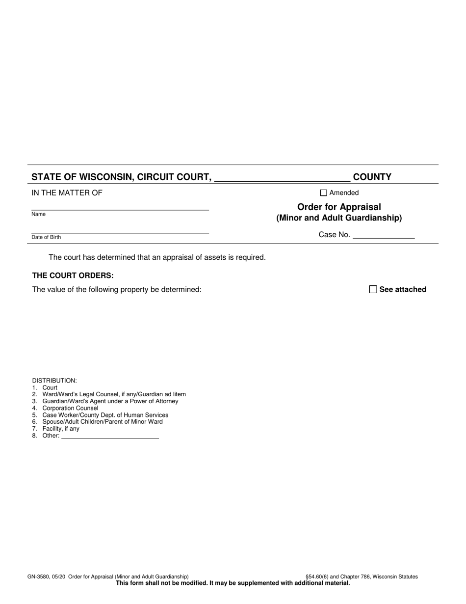Form GN-3580 Order for Appraisal (Minor and Adult Guardianship) - Wisconsin, Page 1