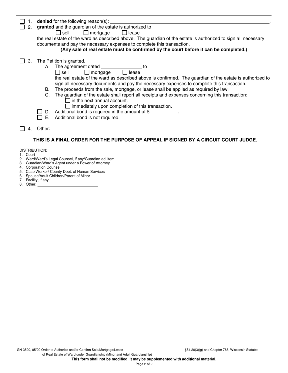 Form GN-3590 Order to Authorize and / or Confirm Sale / Mortgage / Lease of Real Estate of Ward Under Guardianship (Minor and Adult Guardianship) - Wisconsin, Page 2