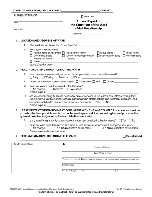 Form GN-3480 Annual Report on the Condition of the Ward (Adult Guardianship) - Wisconsin
