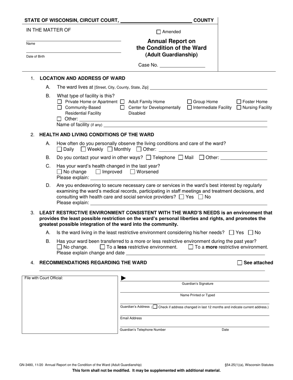 Form GN-3480 Annual Report on the Condition of the Ward (Adult Guardianship) - Wisconsin, Page 1