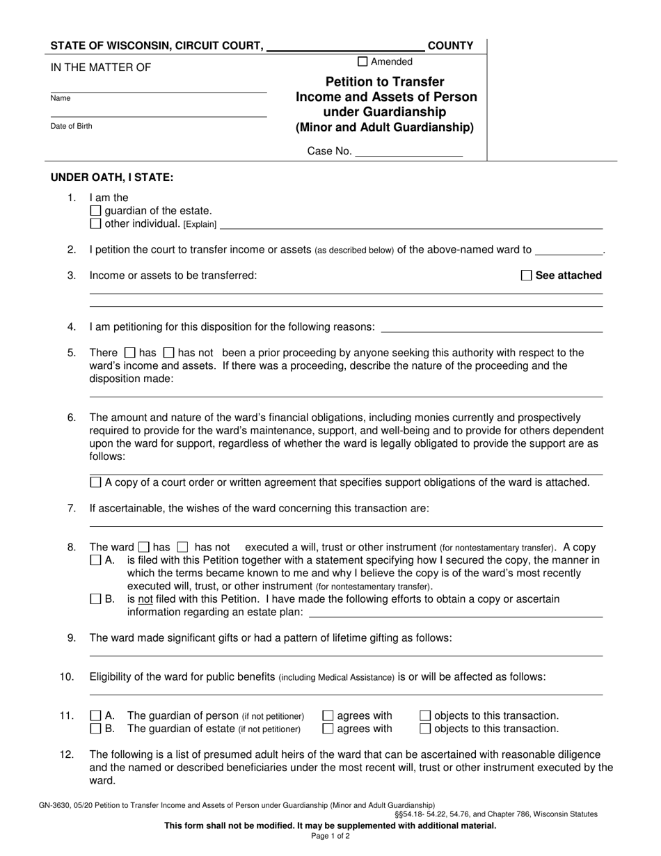 Form GN-3630 Petition to Transfer Income and Assets of Person Under Guardianship (Minor and Adult Guardianship) - Wisconsin, Page 1