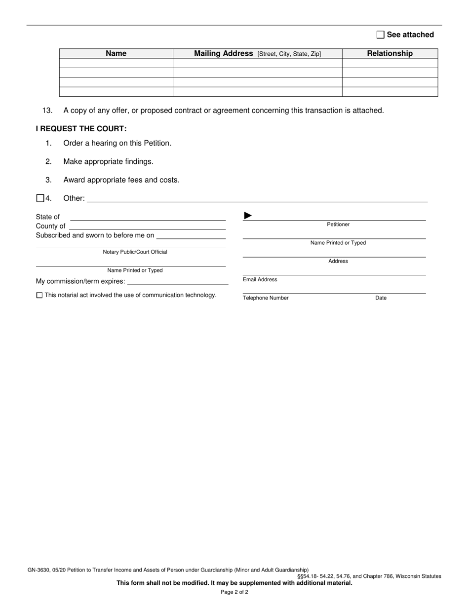 Form GN-3630 Petition to Transfer Income and Assets of Person Under Guardianship (Minor and Adult Guardianship) - Wisconsin, Page 2