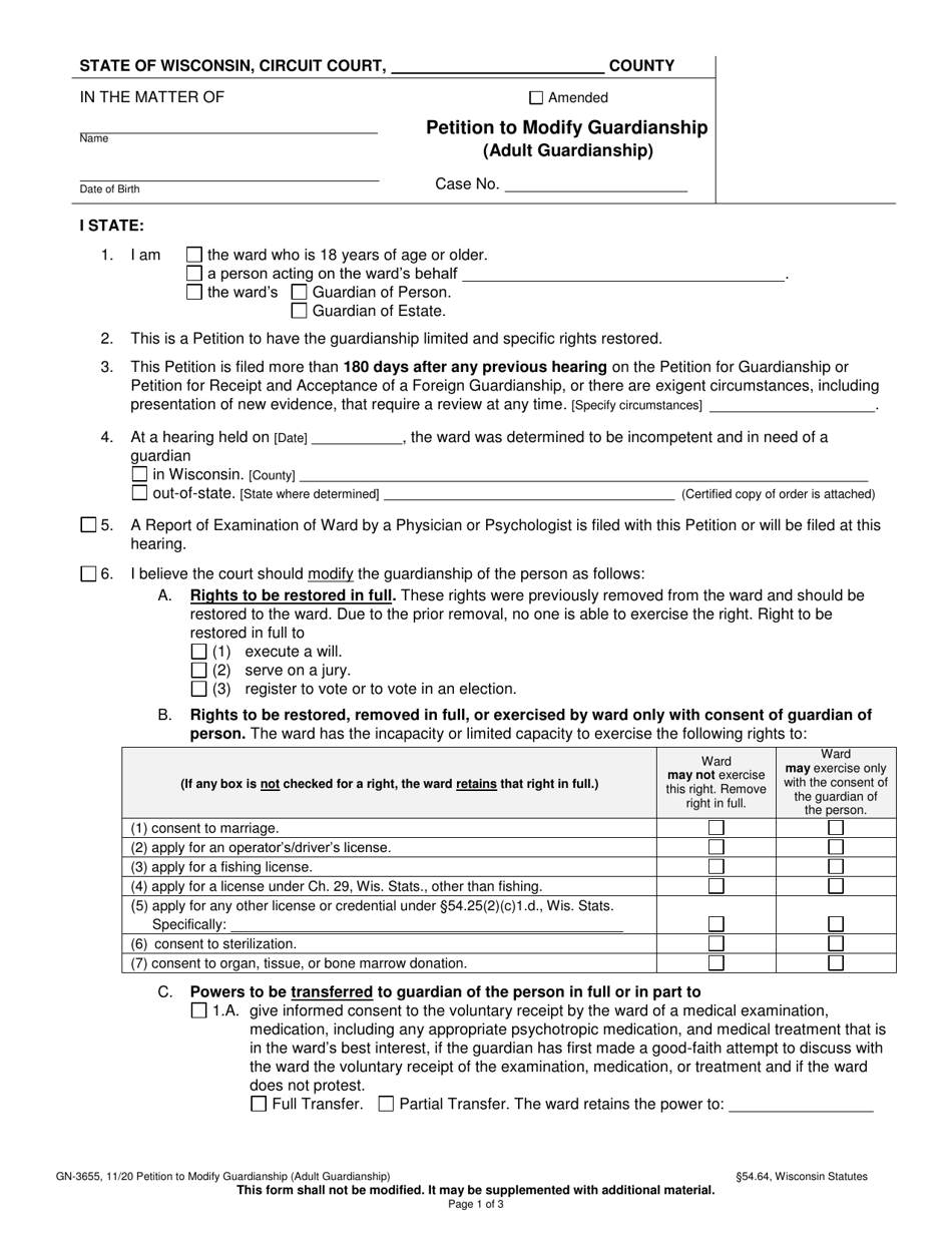 Form GN-3655 Petition to Modify Guardianship (Adult Guardianship) - Wisconsin, Page 1