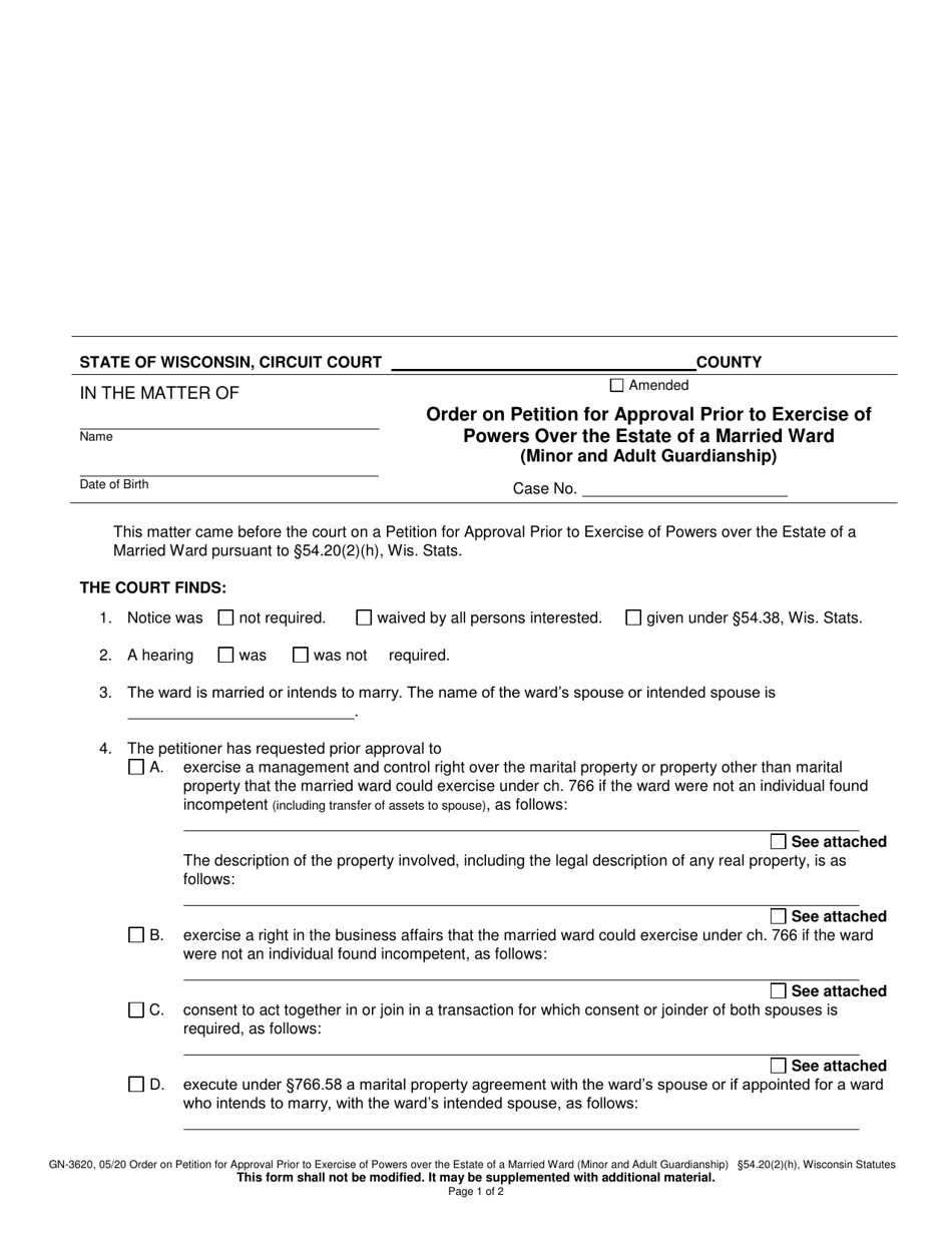Form GN-3620 Order on Petition for Approval Prior to Exercise of Powers Over the Estate of a Married Ward (Minor and Adult Guardianship) - Wisconsin, Page 1