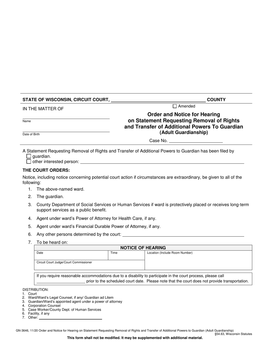 Form GN-3646 Order and Notice for Hearing on Statement Requesting Removal of Rights and Transfer of Additional Powers to Guardian (Adult Guardianship) - Wisconsin, Page 1