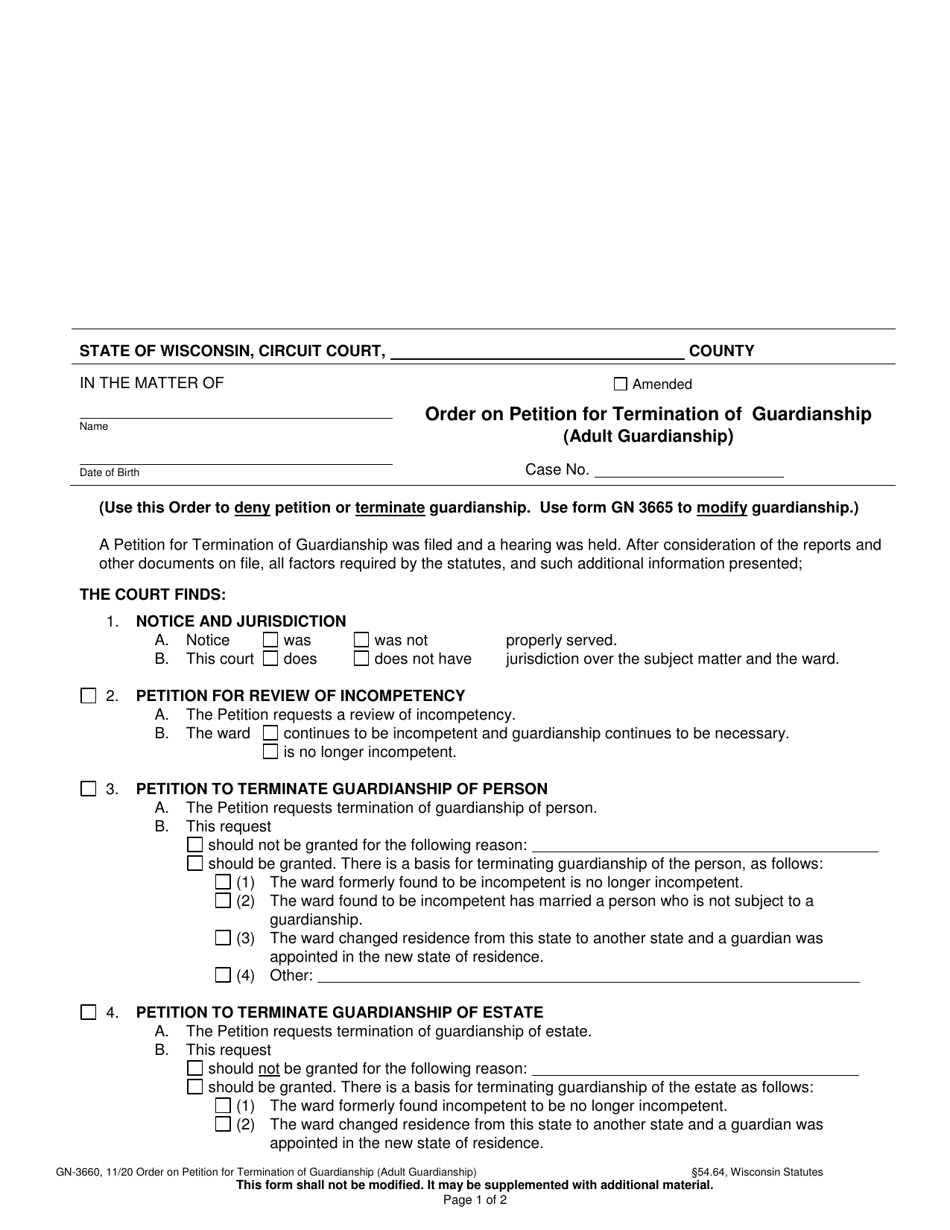Form GN-3660 Order on Petition for Termination of Guardianship (Adult Guardianship) - Wisconsin, Page 1