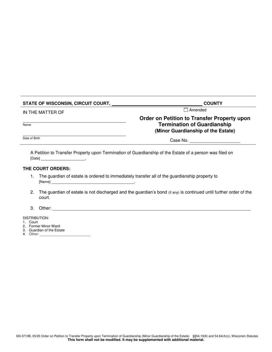 Form GN-3710B Order on Petition to Transfer Property Upon Termination of Guardianship (Minor Guardianship of the Estate) - Wisconsin, Page 1