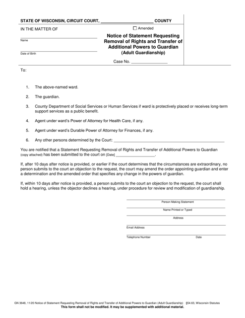 Form GN3648 Notice of Statement Requesting Removal of Rights and Transfer of Additional Powers to Guardian (Adult Guardianship) - Wisconsin