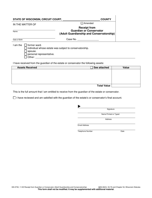 Form GN-3730 Receipt From Guardian or Conservator (Adult Guardianship and Conservatorship) - Wisconsin