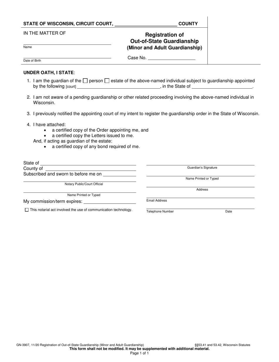 Form GN-3907 Registration of Out-of-State Guardianship (Minor and Adult Guardianship) - Wisconsin, Page 1