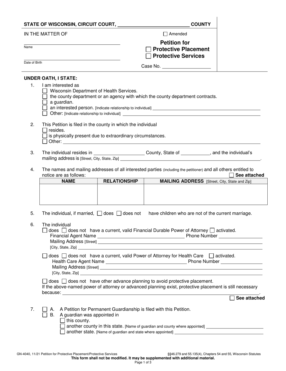 Form GN-4040 Petition for Protective Placement / Protective Services - Wisconsin, Page 1