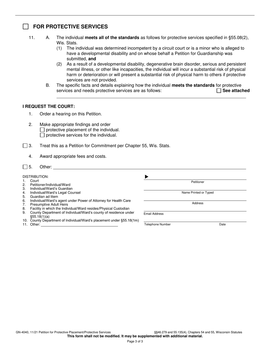 Form GN-4040 Petition for Protective Placement / Protective Services - Wisconsin, Page 3