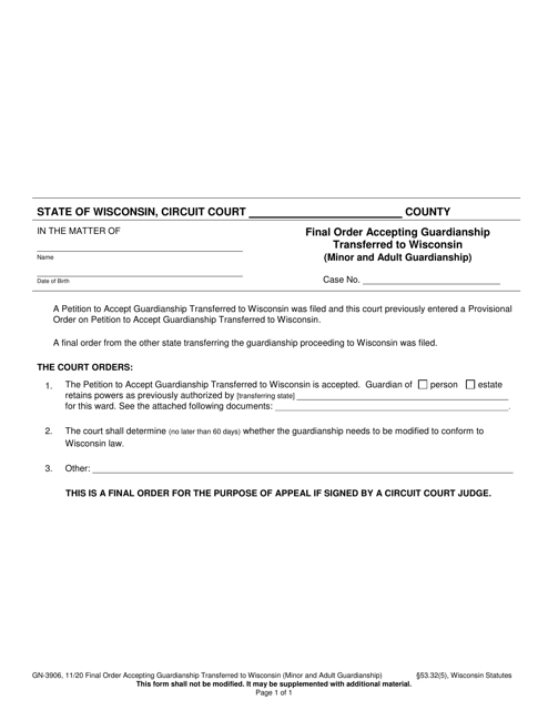 Form GN-3906 Final Order Accepting Guardianship Transferred to Wisconsin (Minor and Adult Guardianship) - Wisconsin