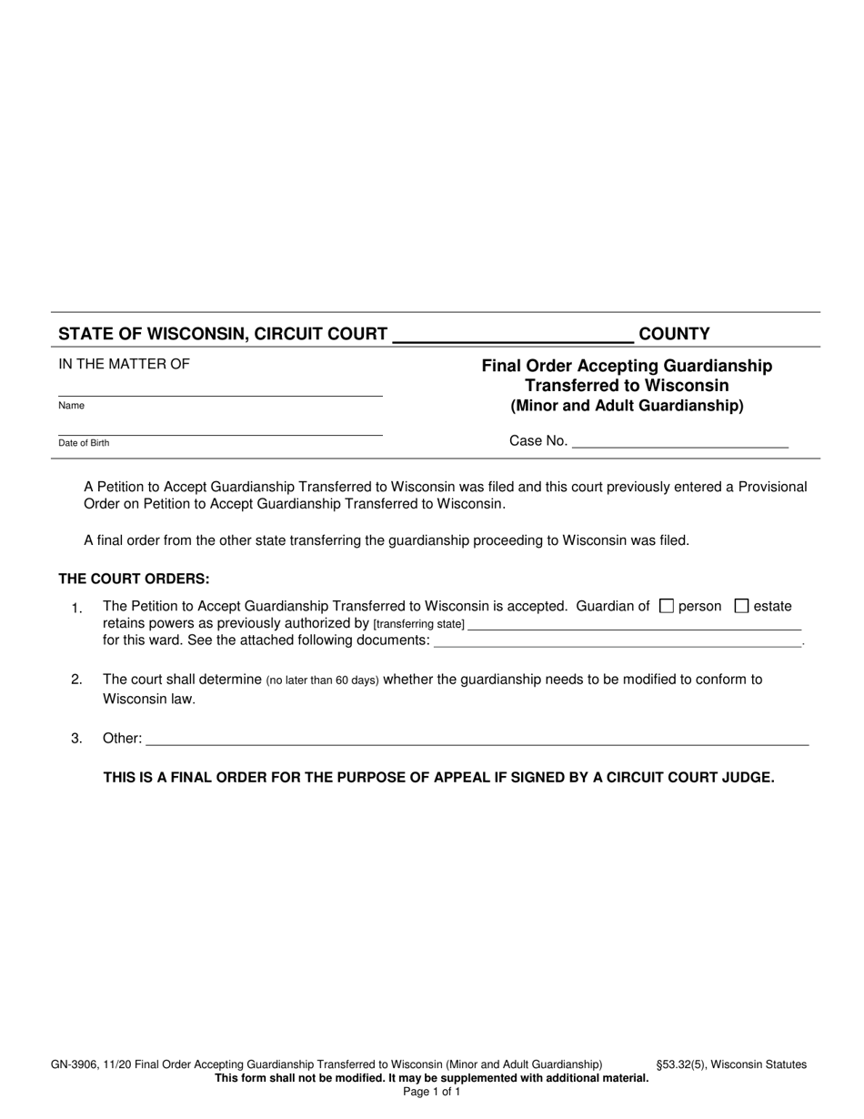 Form GN-3906 Final Order Accepting Guardianship Transferred to Wisconsin (Minor and Adult Guardianship) - Wisconsin, Page 1