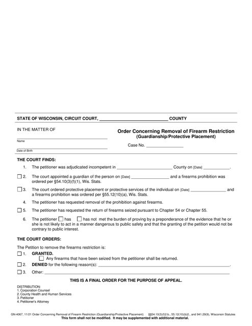 Form GN-4067 Order Concerning Removal of Firearm Restriction (Guardianship/Protective Placement) - Wisconsin