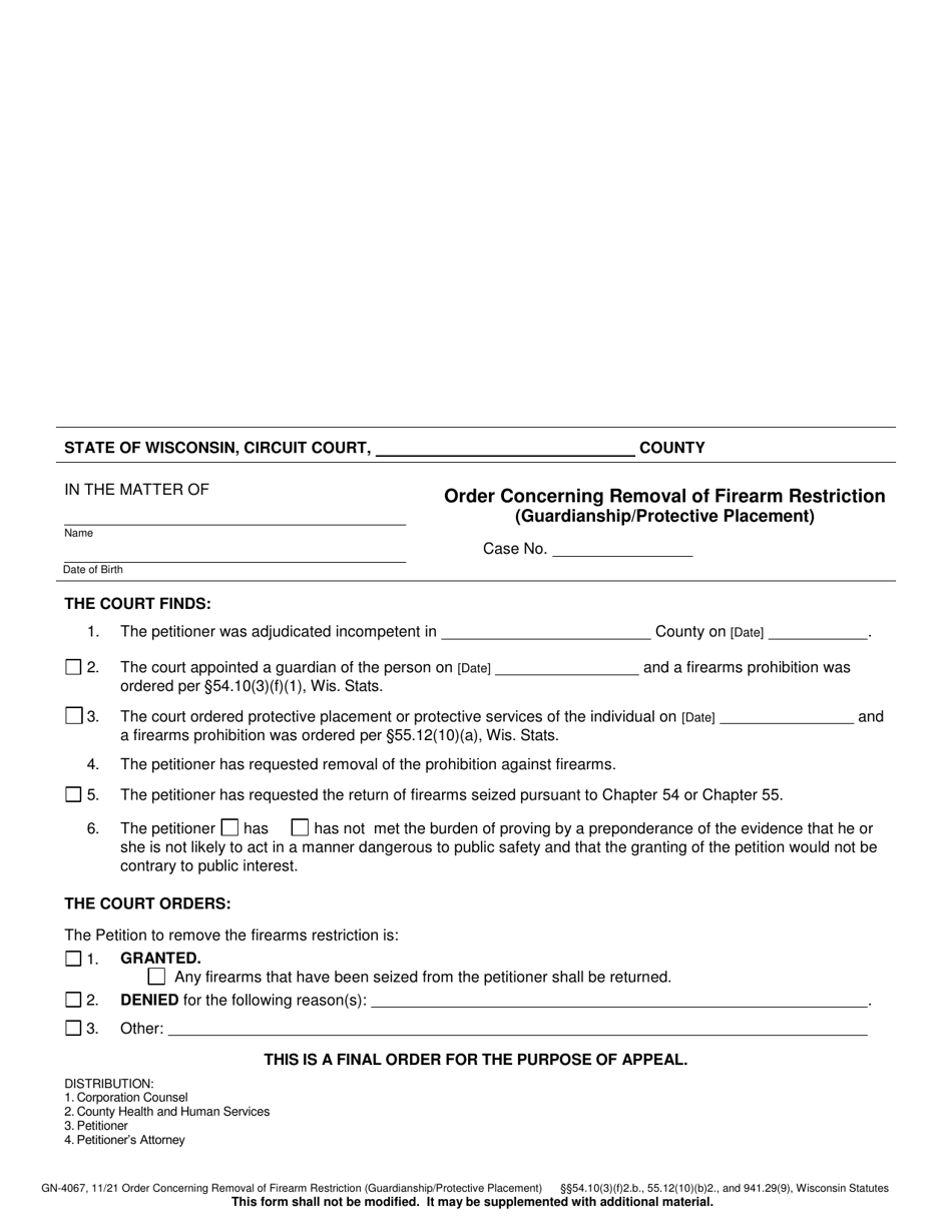 Form GN-4067 Order Concerning Removal of Firearm Restriction (Guardianship / Protective Placement) - Wisconsin, Page 1