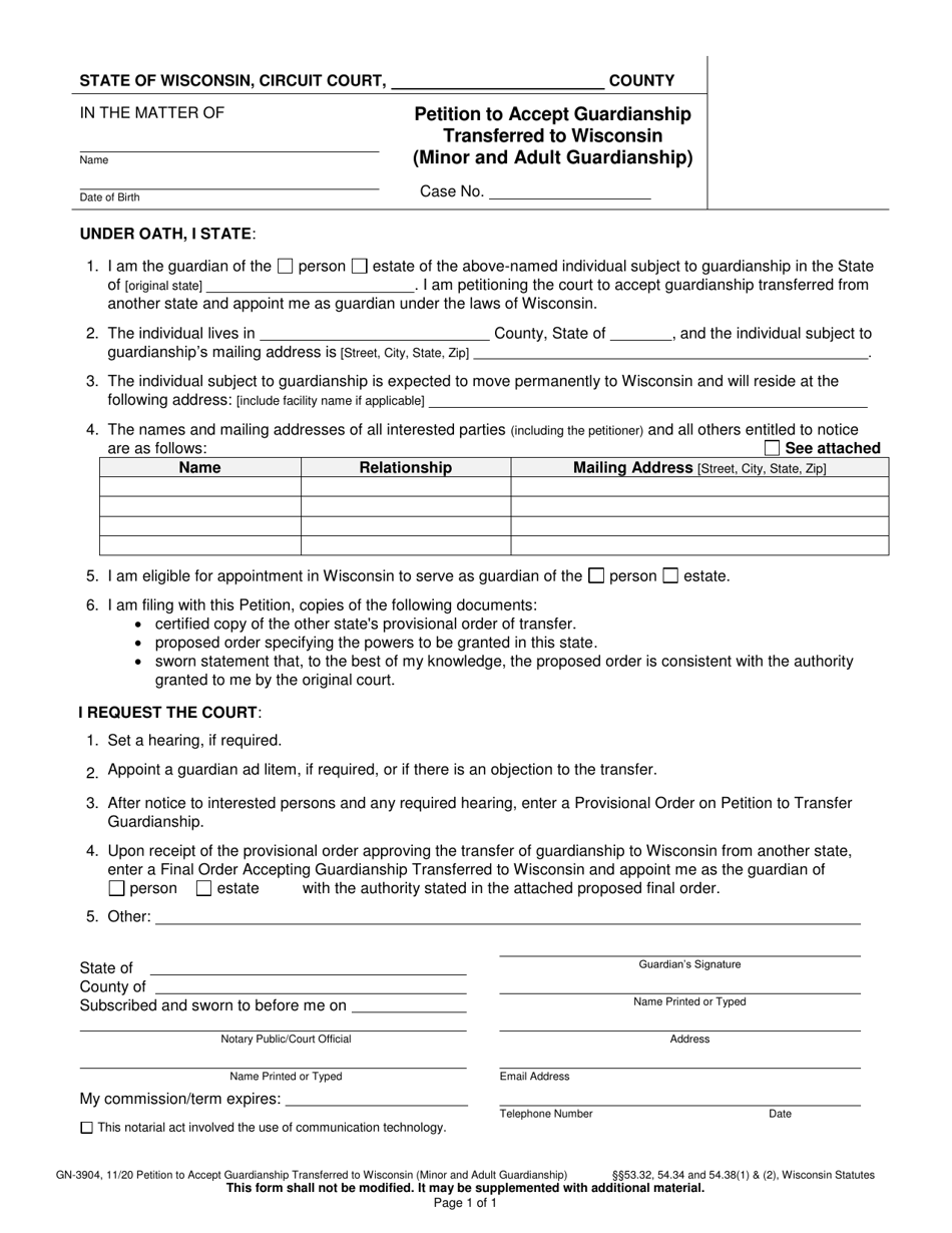 Form GN-3904 Petition to Accept Guardianship Transferred to Wisconsin (Minor and Adult Guardianship) - Wisconsin, Page 1
