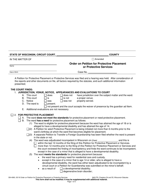 Form GN-4060 Order on Petition for Protective Placement or Protective Services - Wisconsin
